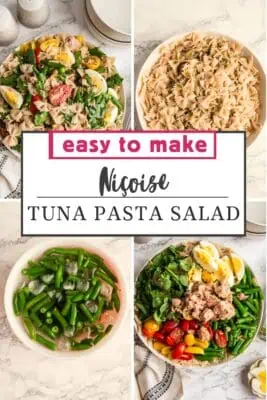 Large white bowl filled with tuna pasta salad with eggs.