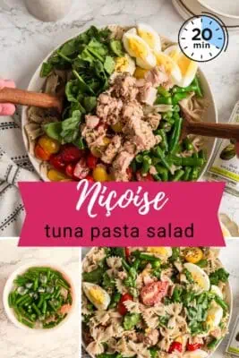 Large white bowl filled with tuna pasta salad with eggs.