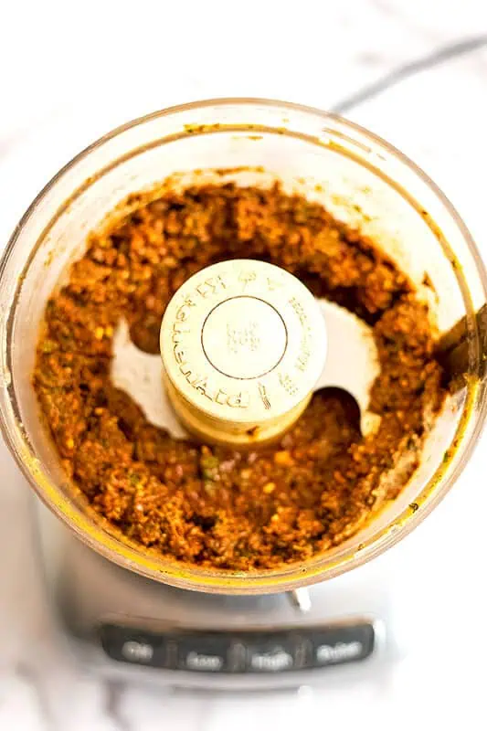 Sundried tomato pesto after blending in food processor.